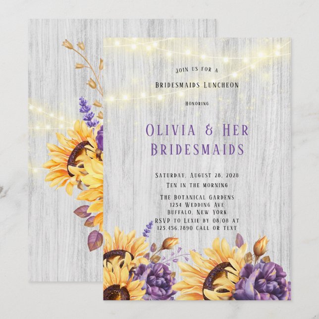 Spring Sunflower Purple Peony Bridesmaids Luncheon Invitation (Front/Back)