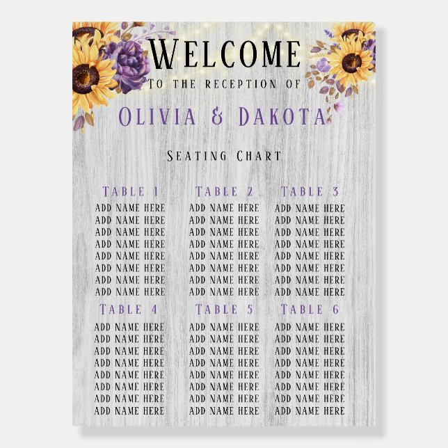 Spring Sunflower Purple Peony Reception Seating Foam Board (Front)