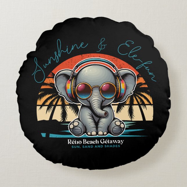 Spring Sunshine and Ele-fun Retro Beach Getaway Round Pillow (Front)