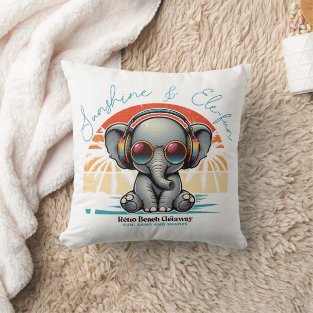 Spring Sunshine and Ele-fun Retro Beach Getaway Throw Pillow (Blanket)