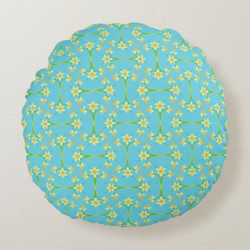 Spring Sunshine Daffodils Sky Blue Round Pillow