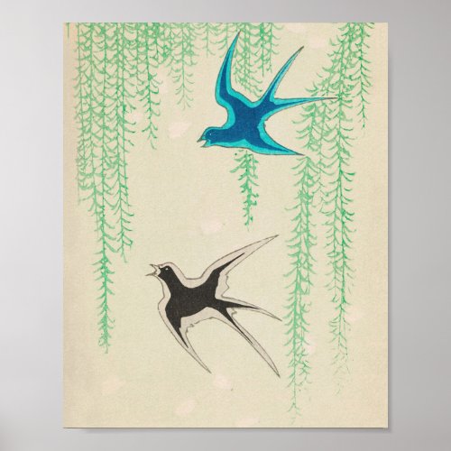 Spring Swallows on Willows Vintage Japanese Bird Poster