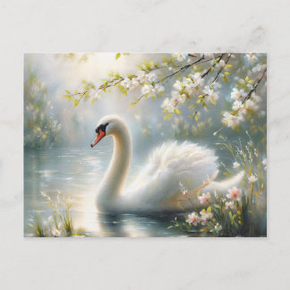 Spring Swan Swimming On Lake Blossoms Postcard
