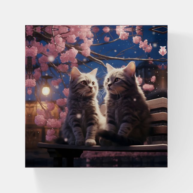 Spring Sweet Cherry Blossoms Kittens Paperweight (Front)