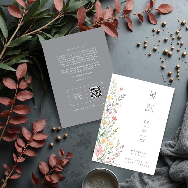 Spring Sweet Wildflowers Branches Wedding Gray Save The Date (Spring Sweet Wildflowers Branches Wedding Save the Date Card with Back QR Code and Soft Gray Back.)