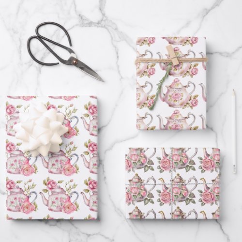 Spring Tea Party Pink Teapots and Roses Wrapping Paper Sheets