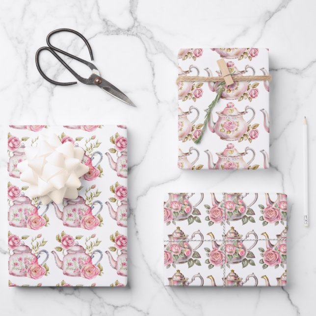 Spring Tea Party Pink Teapots and Roses Wrapping Paper Sheets (Front)