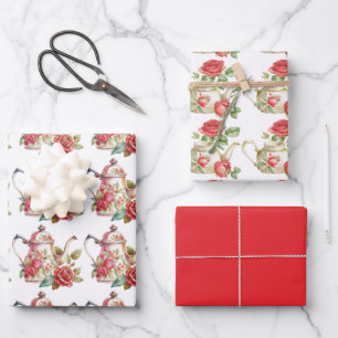 Spring Tea Party Red Teapots and Roses Wrapping Paper Sheets