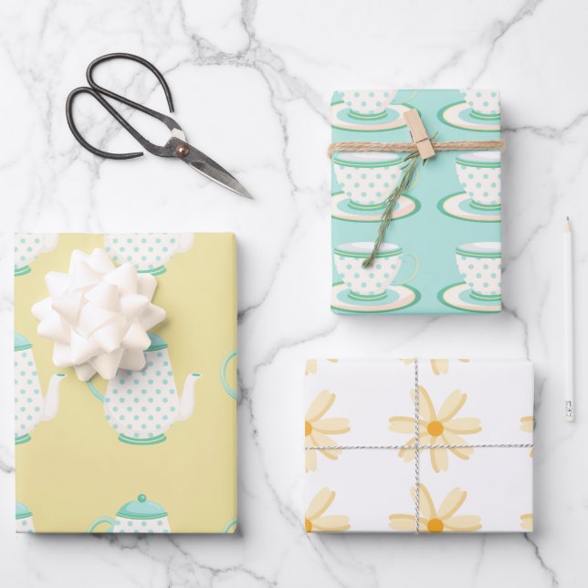 Spring Tea Party Turquoise and Yellow Wrapping Paper Sheets (Front)