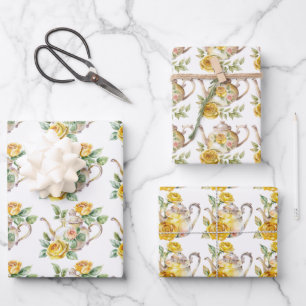 Spring Tea Party Yellow Teapots and Roses Wrapping Paper Sheets