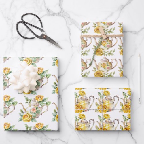 Spring Tea Party Yellow Teapots and Roses Wrapping Paper Sheets