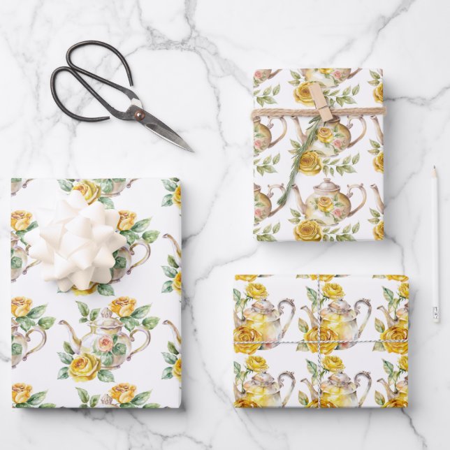 Spring Tea Party Yellow Teapots and Roses Wrapping Paper Sheets (Front)