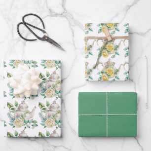 Spring Tea Party Yellow Teapots and Roses Wrapping Paper Sheets