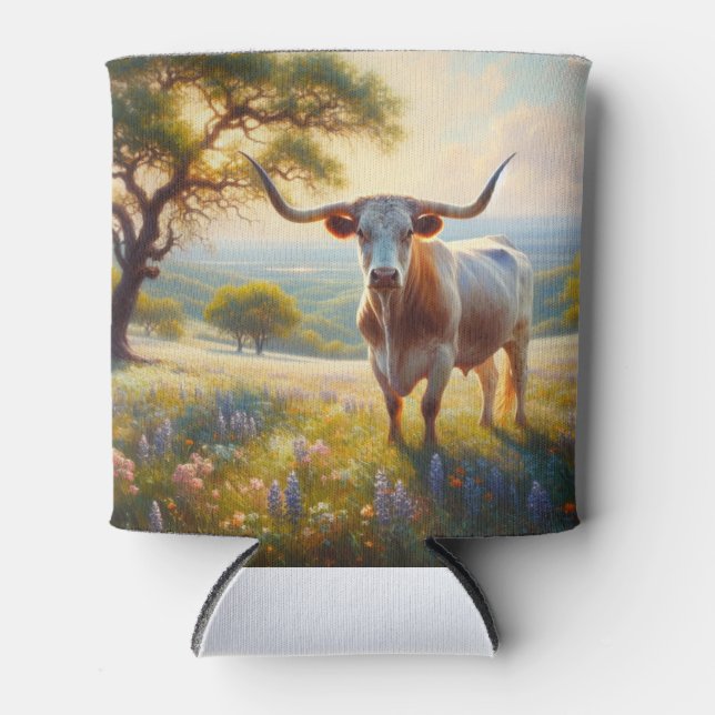 Spring Texas longhorn cow  Can Cooler (Front)