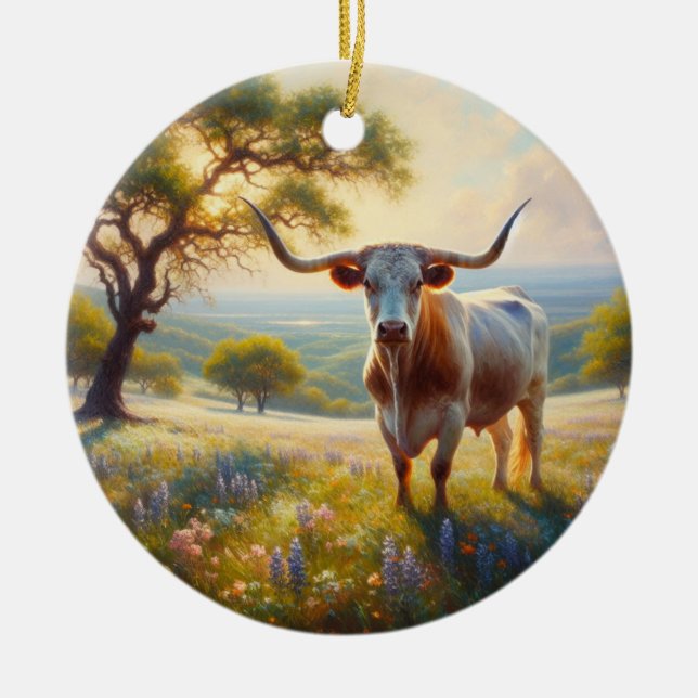 Spring Texas longhorn cow  Ceramic Ornament (Front)