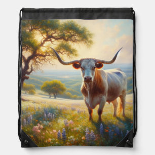 Spring Texas longhorn cow  Drawstring Bag