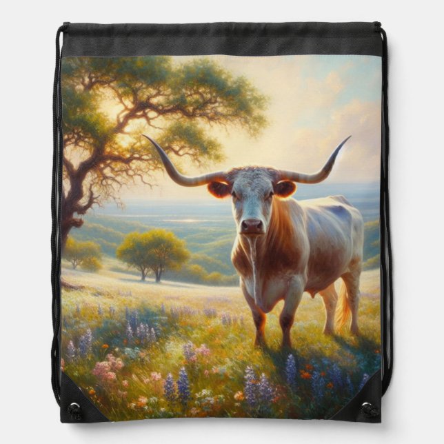 Spring Texas longhorn cow  Drawstring Bag (Front)