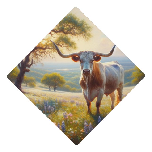 Spring Texas longhorn cow  Graduation Cap Topper (Front)