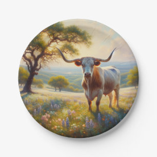 Spring Texas longhorn cow Paper Plates