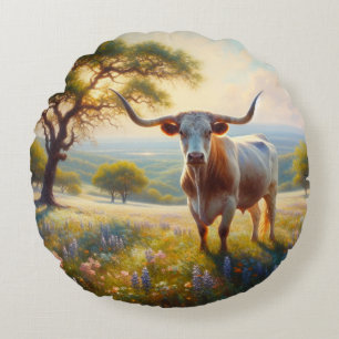 Spring Texas longhorn cow Round Pillow