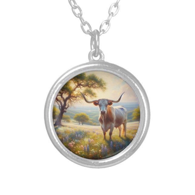 Spring Texas longhorn cow  Silver Plated Necklace (Front)
