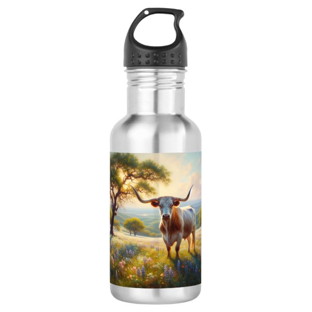 Spring Texas longhorn cow  Stainless Steel Water Bottle (Front)