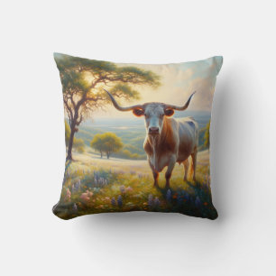 Spring Texas longhorn cow Throw Pillow