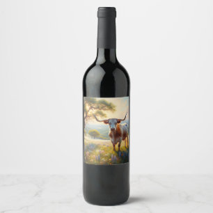 Spring Texas longhorn cow Wine Label