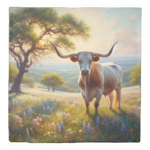 Spring Texas longhorn in a field Duvet Cover
