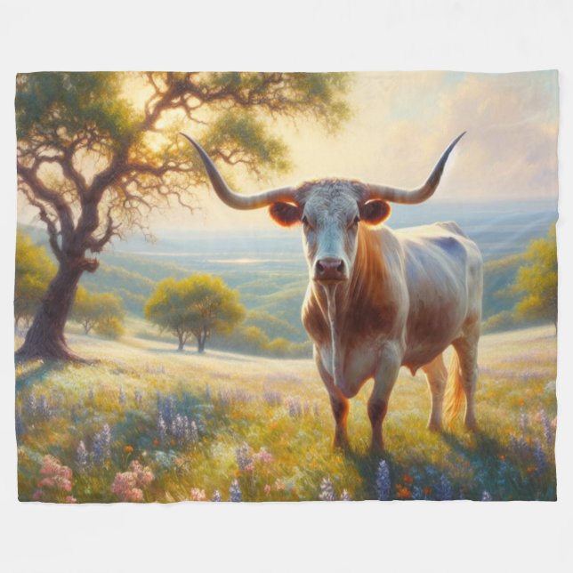 Spring Texas longhorn in a field Fleece Blanket (Front (Horizontal))