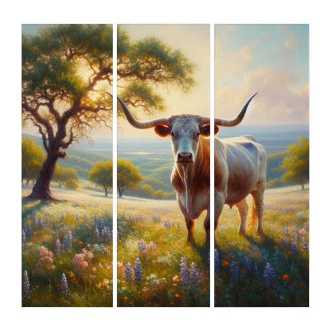 Spring Texas longhorn in a field Triptych (Front)
