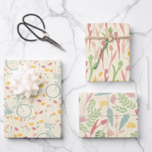 Spring theme 3 floral patterns wrapping paper sheets