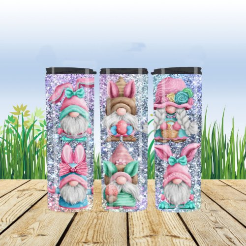 Spring Theme Easter Gnomes Silver Glitter Thermal Tumbler