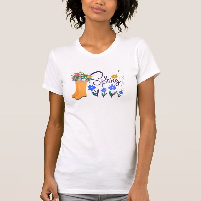 Spring Themed Orange Rain Boots Blossoms Flowers  T-Shirt (Front)
