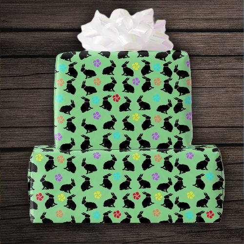 Spring Time black Sitting Rabbit Colourful Flowers Wrapping Paper