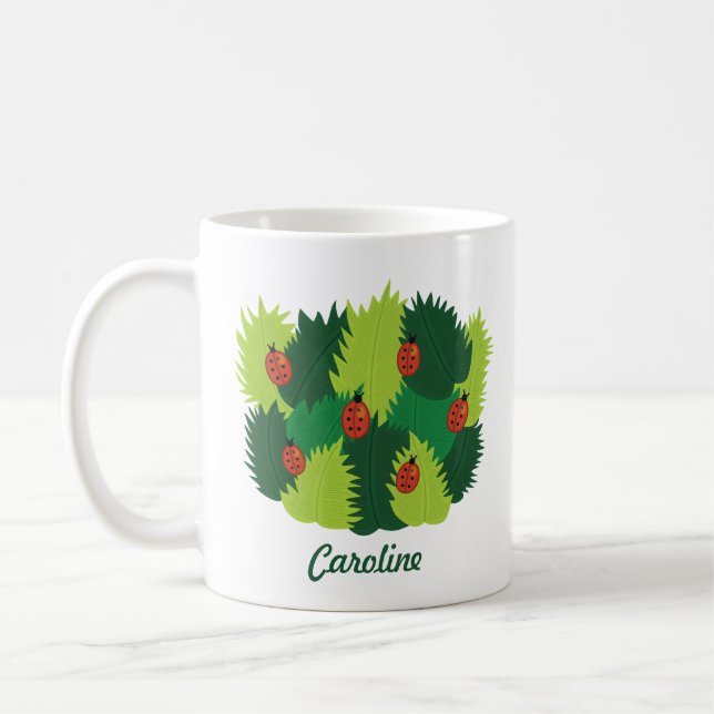Spring Time - Green Leaves And Ladybugs Name Coffee Mug (Left)