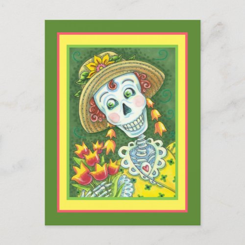 SPRING TIME SKELLY AND TULIPS LADY SKELETON Funny Holiday Postcard