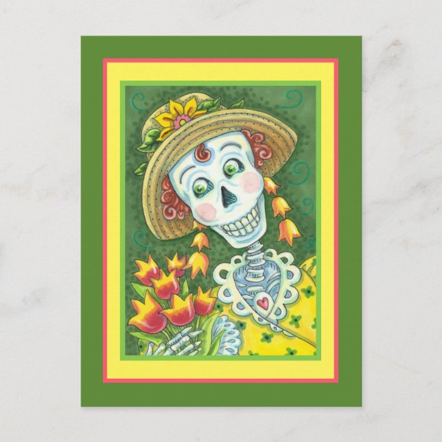 SPRING TIME SKELLY AND TULIPS, LADY SKELETON Funny Holiday Postcard (Front)