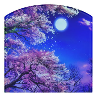 Spring tree, moon, blue sky.  door sign
