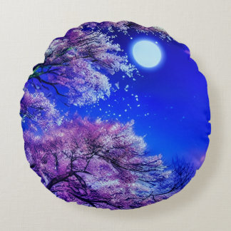 Spring tree, moon, blue sky.       round pillow