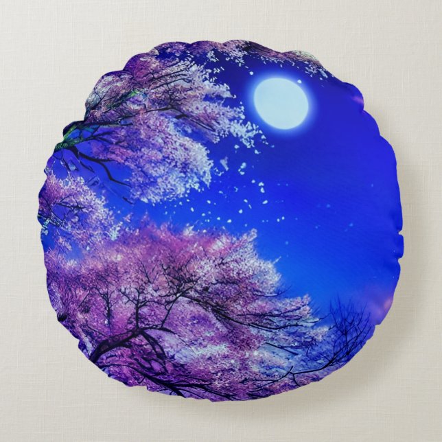 Spring tree, moon, blue sky.       round pillow (Front)