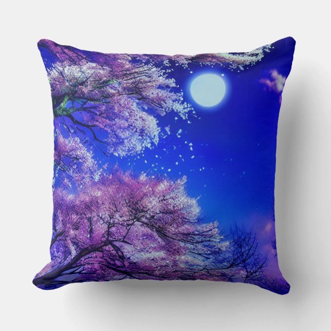 Spring tree, moon, blue sky.      throw pillow (Front)