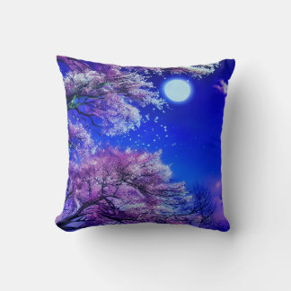 Spring tree, moon, blue sky.     throw pillow