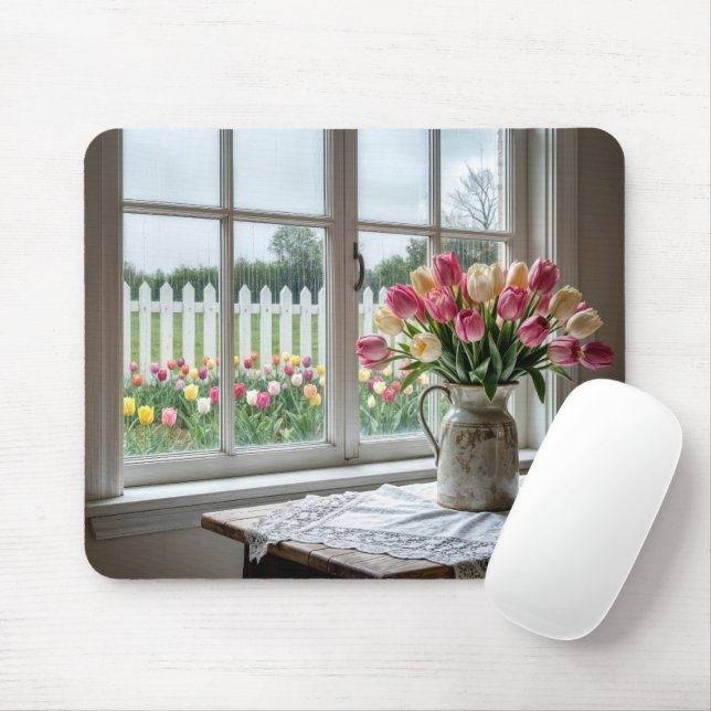 Spring Tulip Bouquet by Rainy Window Mouse Pad (With Mouse)