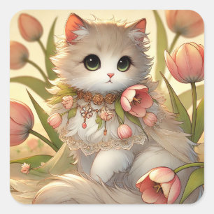 Spring Tulip Cat Square Sticker