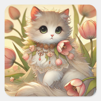 Spring Tulip Cat Square Sticker