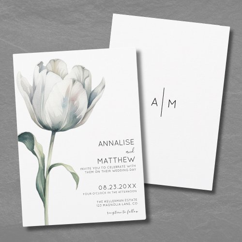 Spring Tulip Elegant Modern White Floral Wedding Invitation