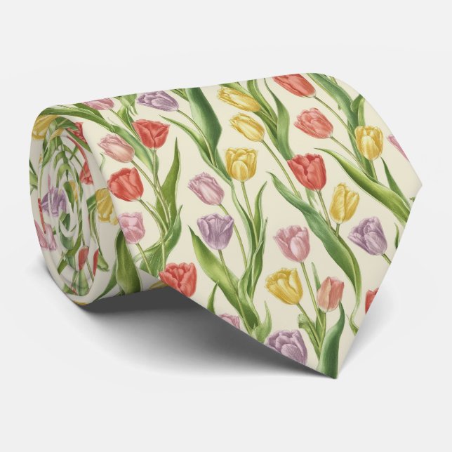 Spring Tulip Field Floral Pattern Neck Tie (Rolled)