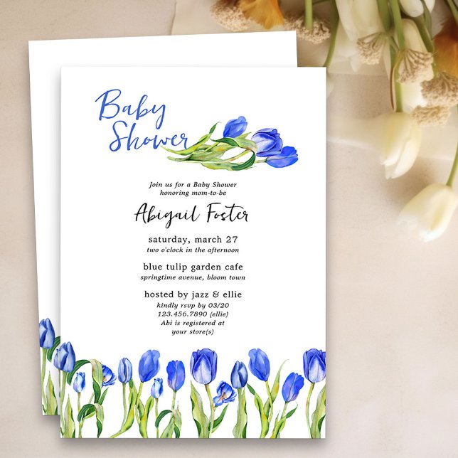 Spring Tulip Flowers Blue Floral Baby Shower Invitation (Spring Baby Shower Invitation with blue tulips)