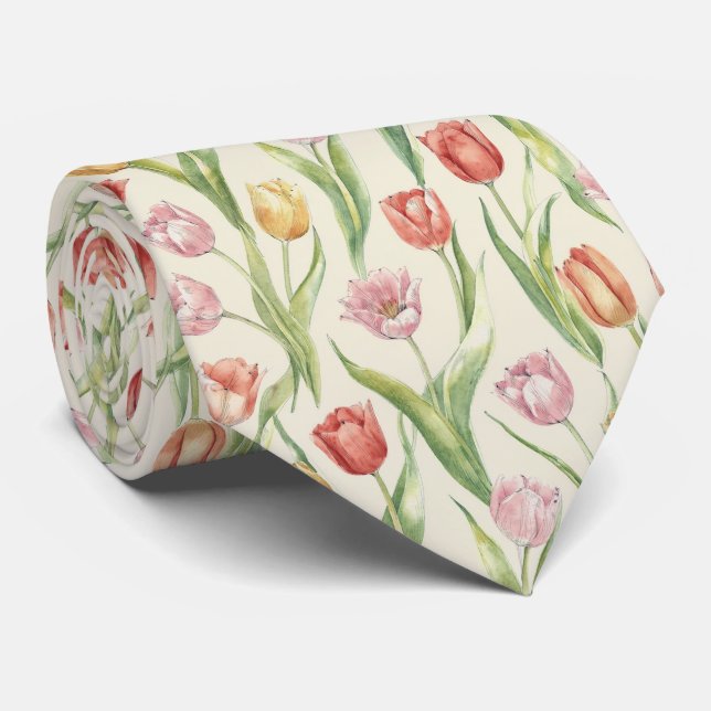 Spring Tulip Garden Floral Pattern Neck Tie (Rolled)